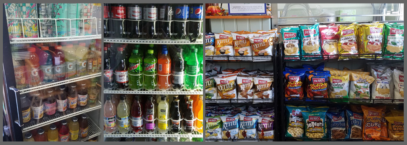 We have a wide selection of cold drinks & chips